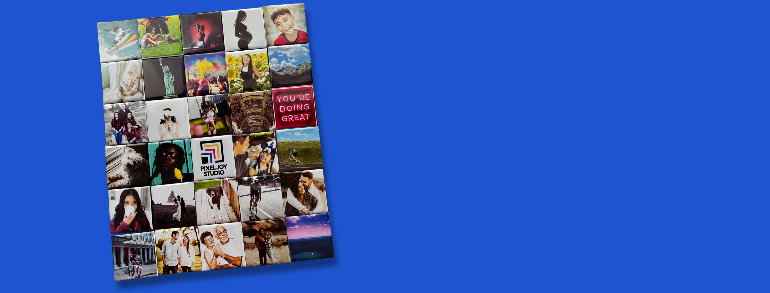 Collage of various square magnets on a blue background