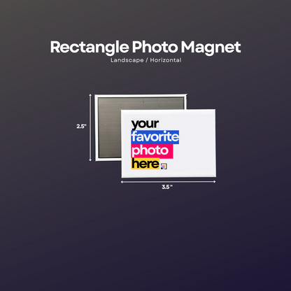 A product graphic for a rectangle photo magnet, showing a white sample magnet with colorful placeholder text and a gray back side, with dimensions labeled 2.5 inches tall by 3.