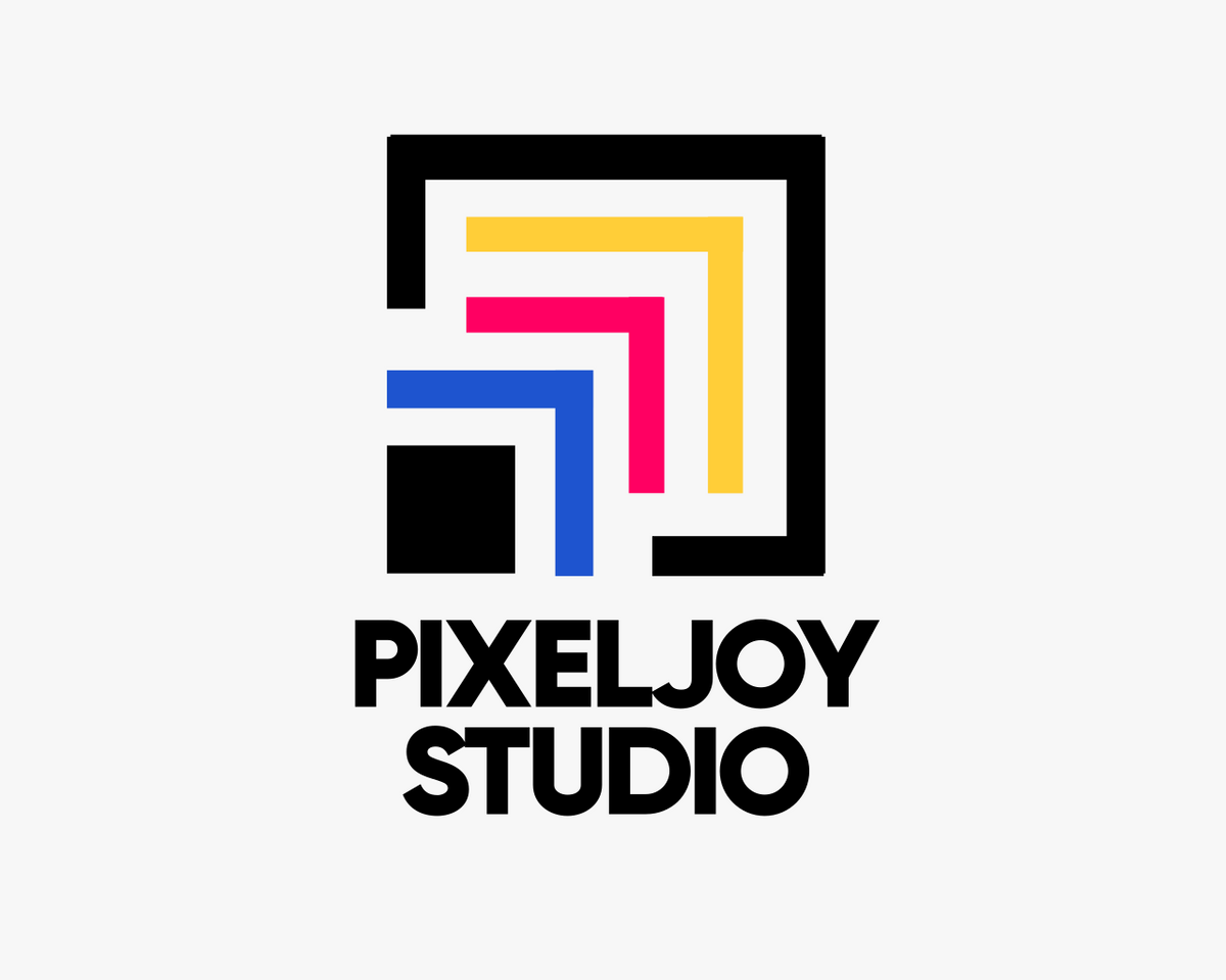 PixelJoy Studio logo with colorful design elements on a white background