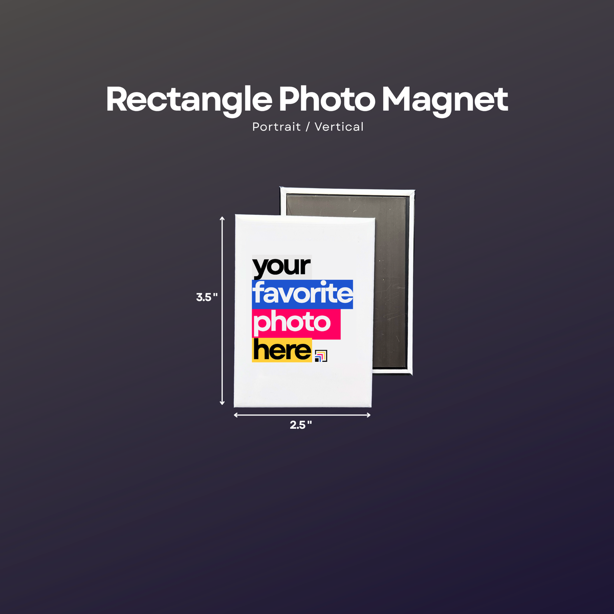 A rectangular photo magnet shown on a dark gradient background with text reading 'Rectangle Photo Magnet' and size labels indicating 3.5 by 2.