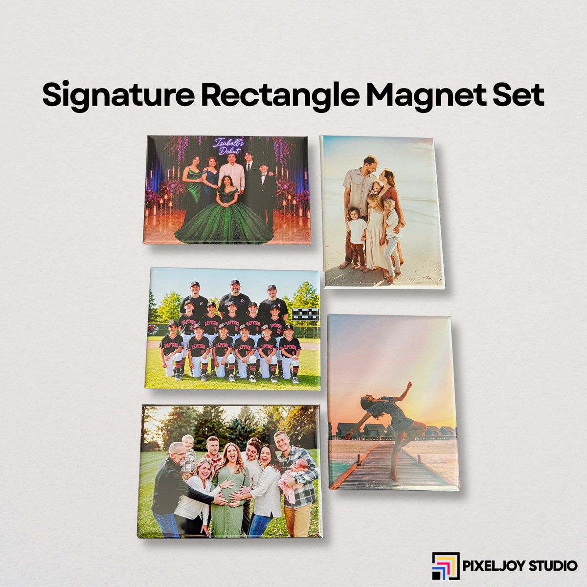 Five personalized rectangular photo magnets displayed on a light gray background under the text 'Signature Rectangle Magnet Set'. The magnets feature various family and group photographs.