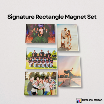Five personalized rectangular photo magnets displayed on a light gray background under the text 'Signature Rectangle Magnet Set'. The magnets feature various family and group photographs.