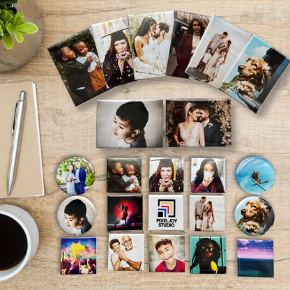 Collection of square, rectangle, and round photo magnets on a wooden surface with a coffee cup and pen.