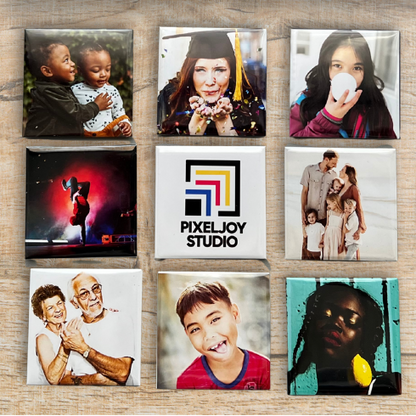 Collection of 9 square photo magnets featuring various subjects on a wooden surface with Pixeljoy Studio logo.