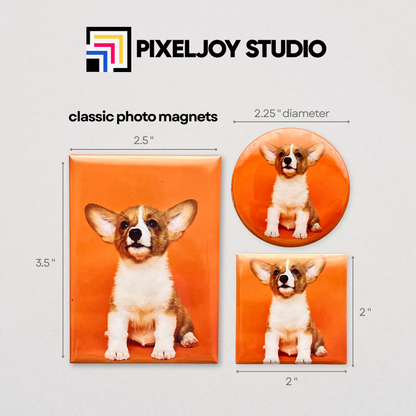 Pixeljoy Studio classic photo magnets with a corgi design, showing different sizes on an orange background.