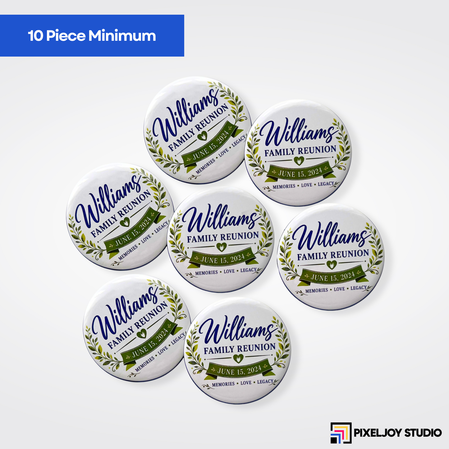 Five sample round buttons on a white background with 10 piece minimum label.