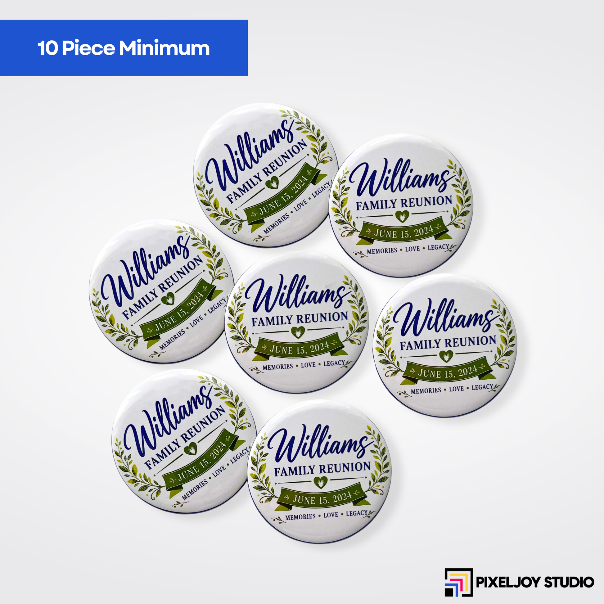 Five sample round buttons on a white background with 10 piece minimum label.