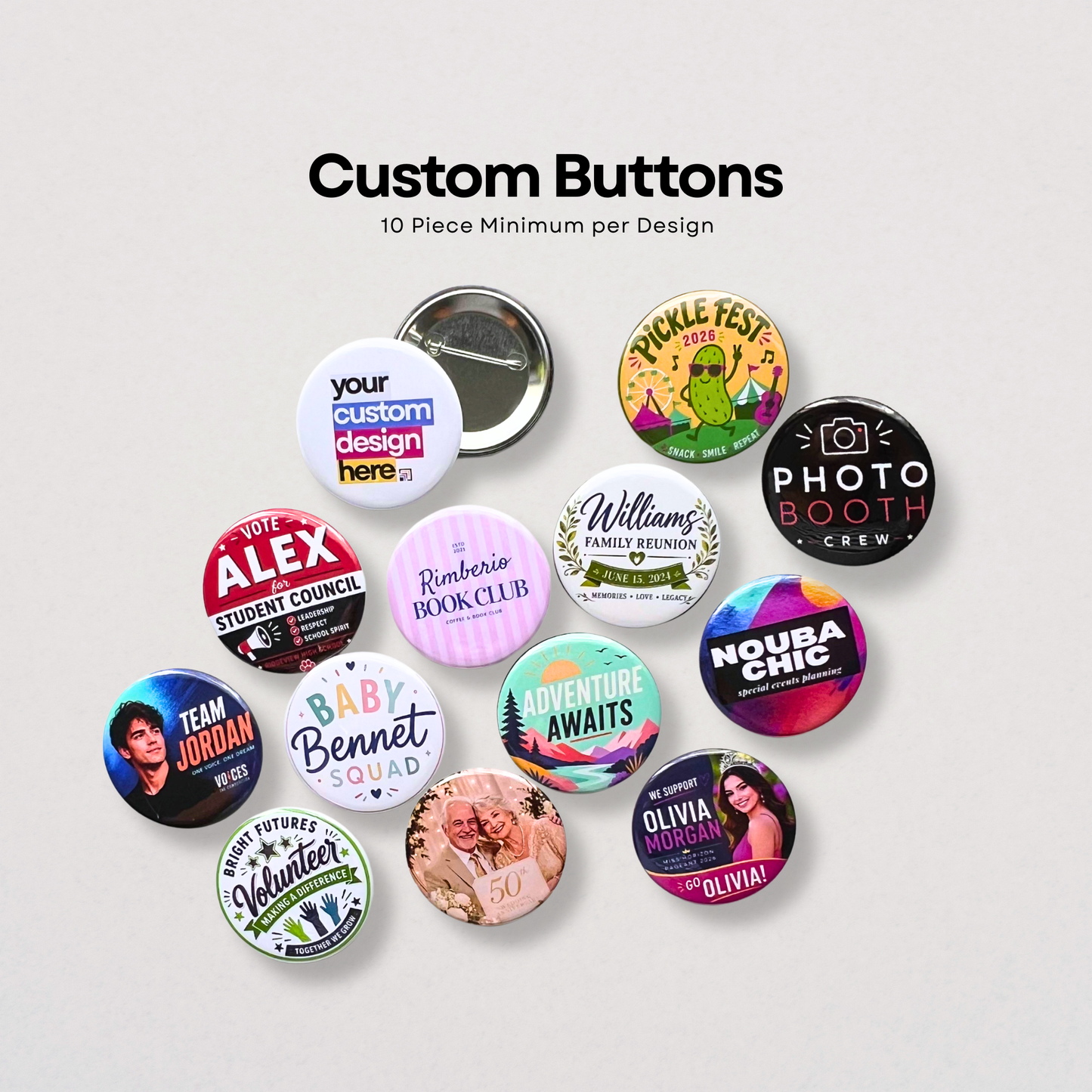 Collection of custom buttons with various designs on a light gray background