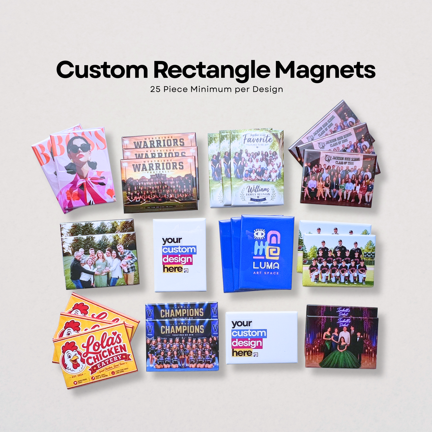 Collection of custom rectangle magnets with various designs on a light gray background.