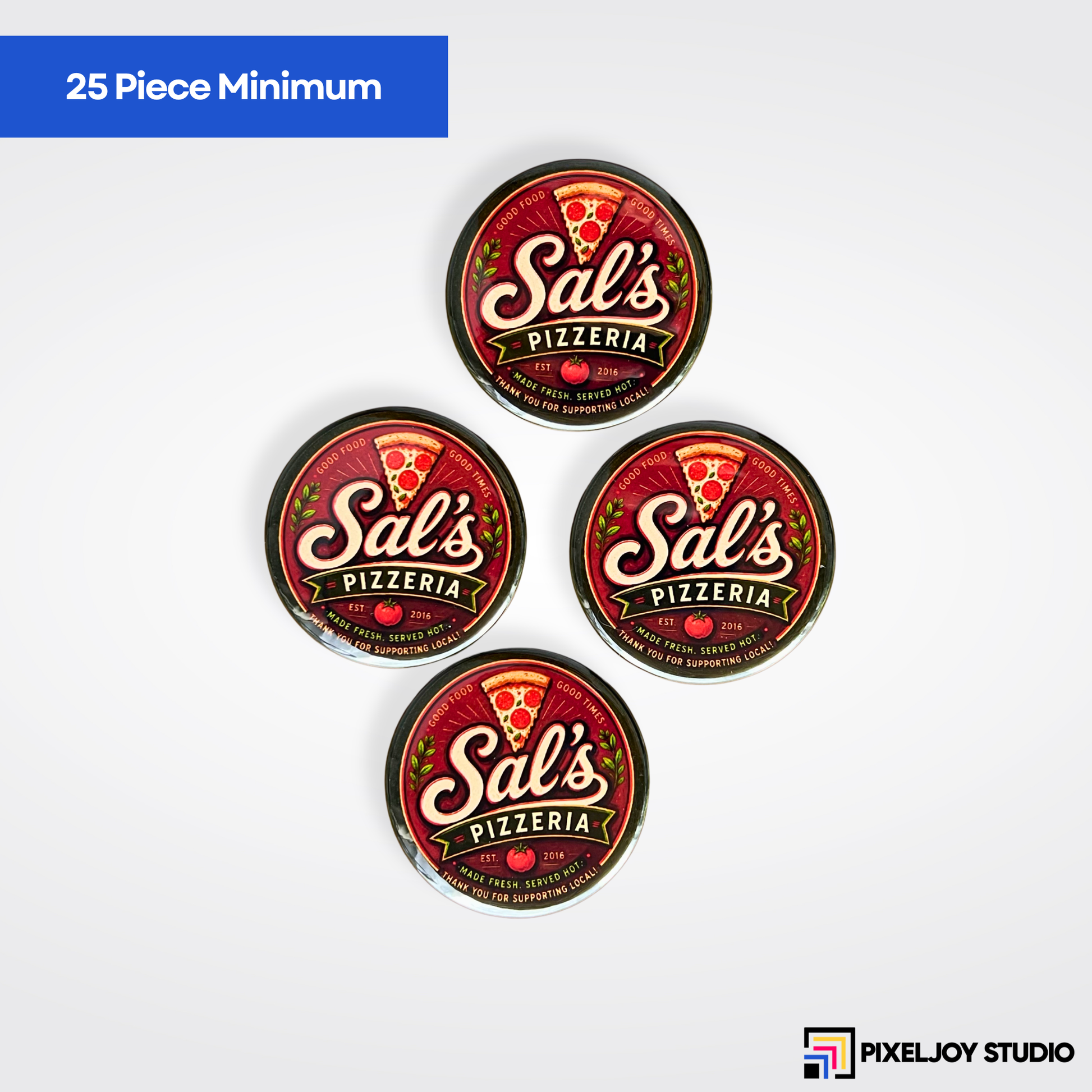 Four sample round magnets on a white background with 25 piece minimum label.
