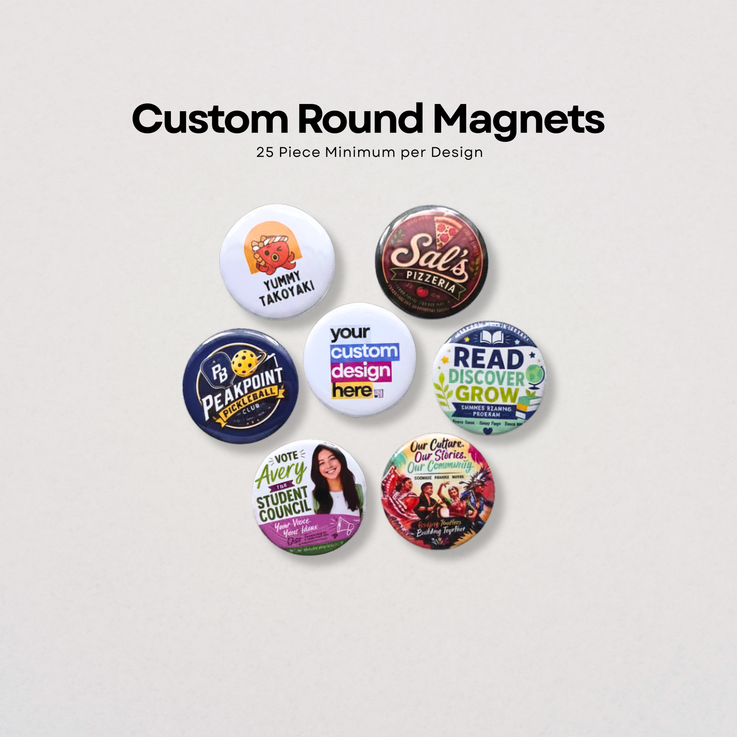 Collection of custom round magnets with various designs on a light gray background.
