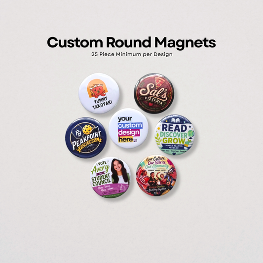 Collection of custom round magnets with various designs on a light gray background.