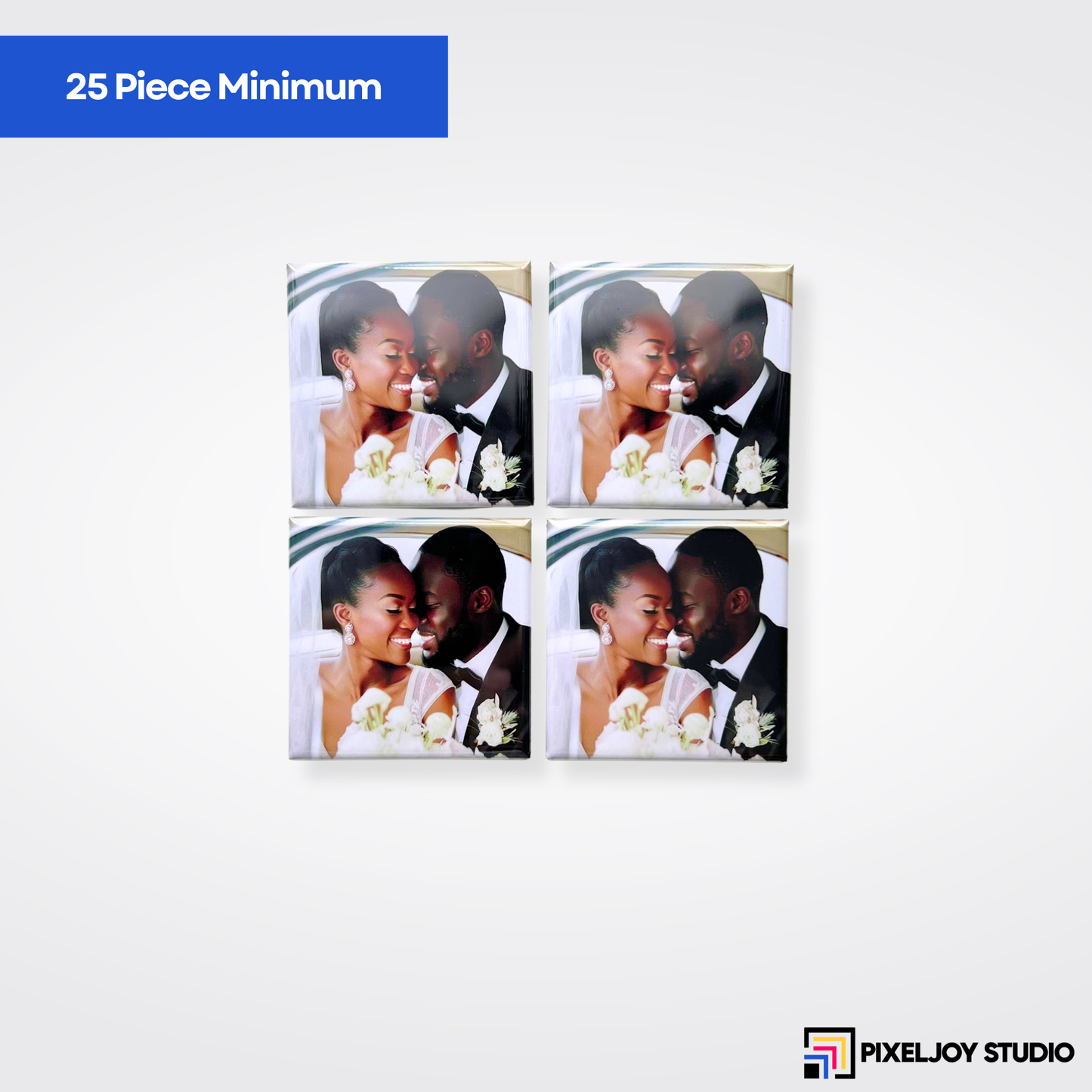 Four sample square magnets on a white background with 25 piece minimum label.
