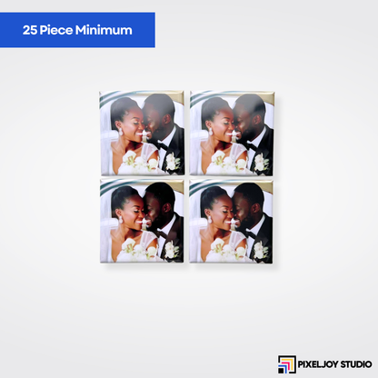 Four sample square magnets on a white background with 25 piece minimum label.