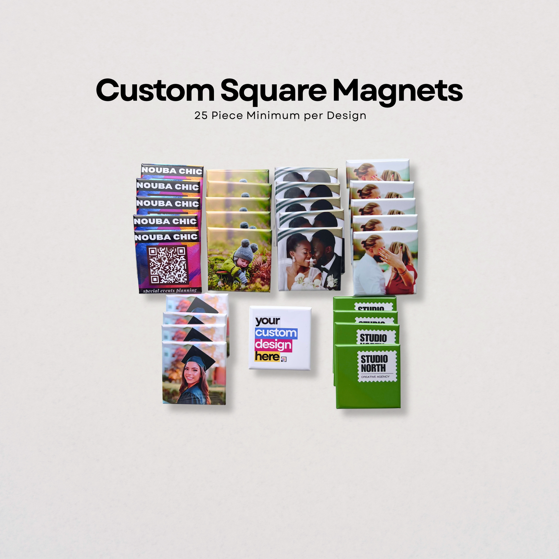 Collection of custom square magnets with various designs on a light gray background.