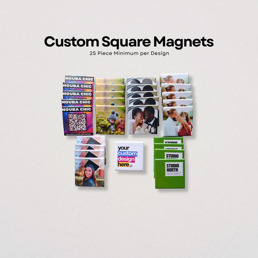 Collection of custom square magnets with various designs on a light gray background.