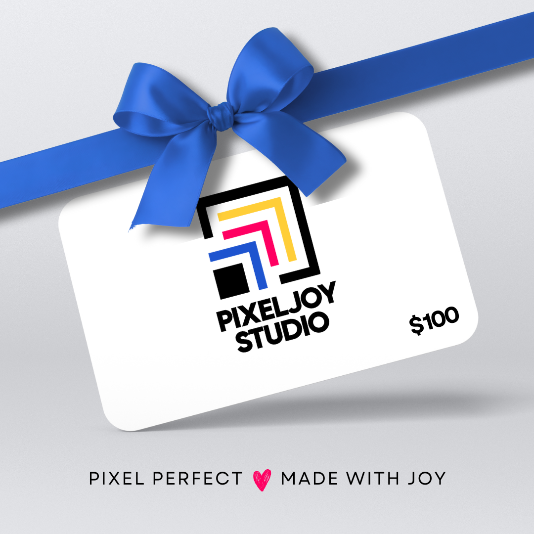 $100 PixelJoy Studio gift card with a blue ribbon on a light gray background.