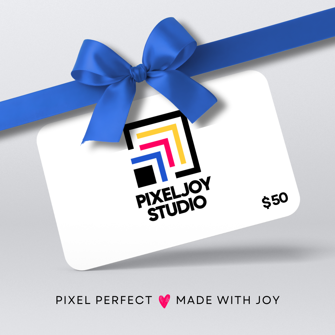 $50 PixelJoy Studio gift card with a blue ribbon on a light gray background.
