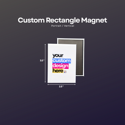 2.5-inch by 3.5-inch custom photo magnet in portrait orientation with sample design, magnetic backing, and size reference.