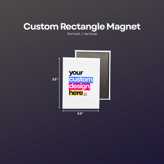 2.5-inch by 3.5-inch custom photo magnet in portrait orientation with sample design, magnetic backing, and size reference.