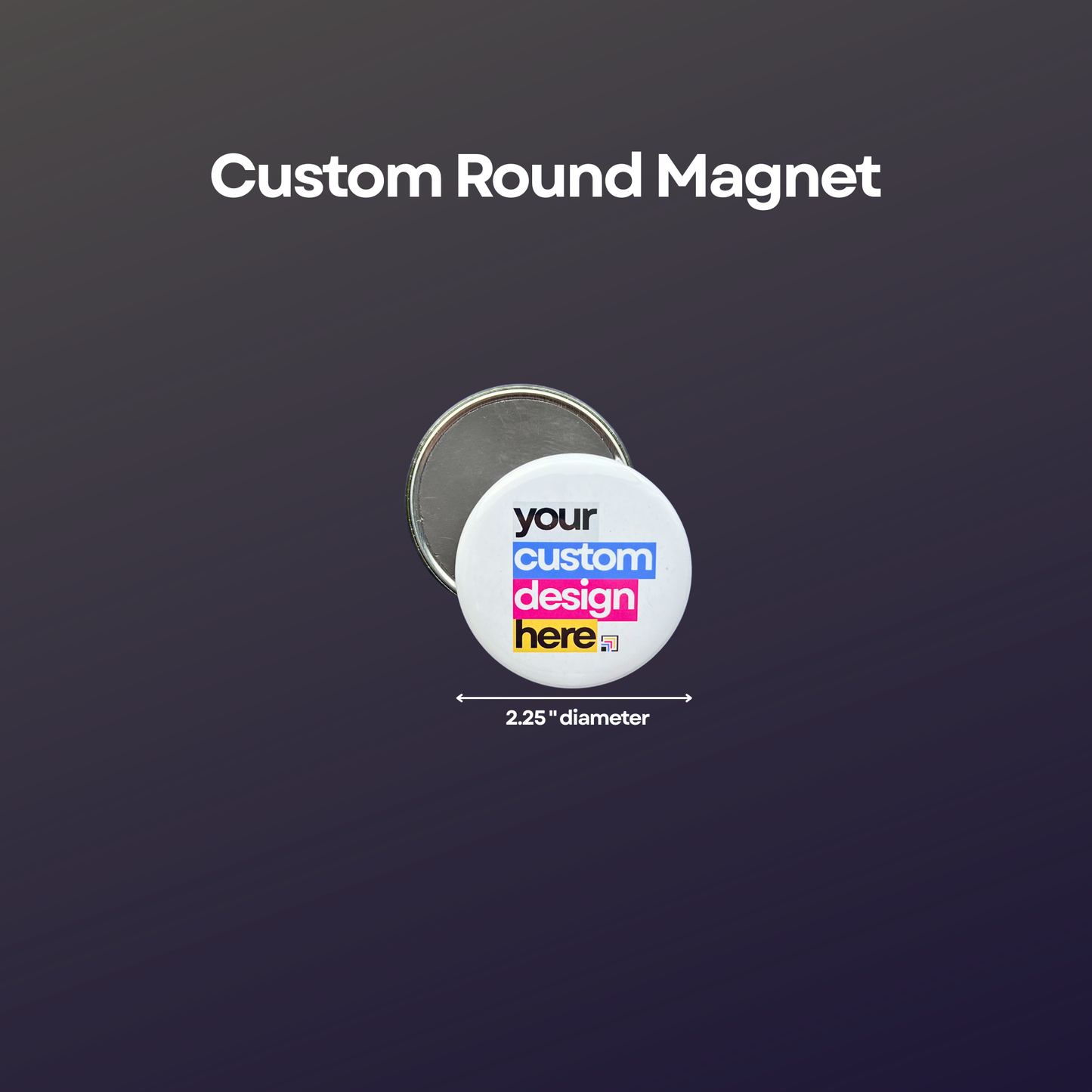 2.25-inch round custom photo magnet with sample design, magnetic backing, and size reference.