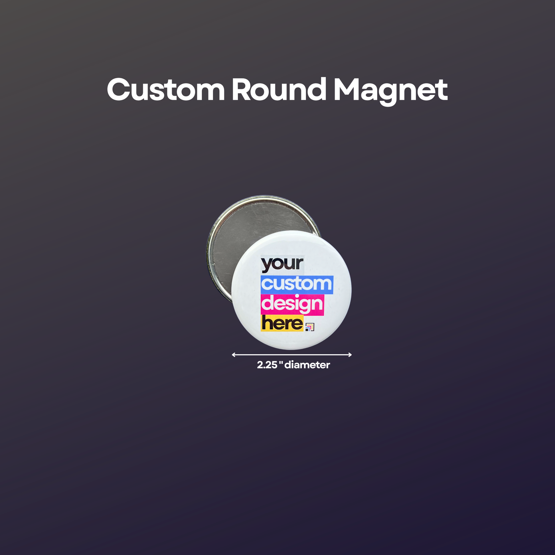 2.25-inch round custom photo magnet with sample design, magnetic backing, and size reference.