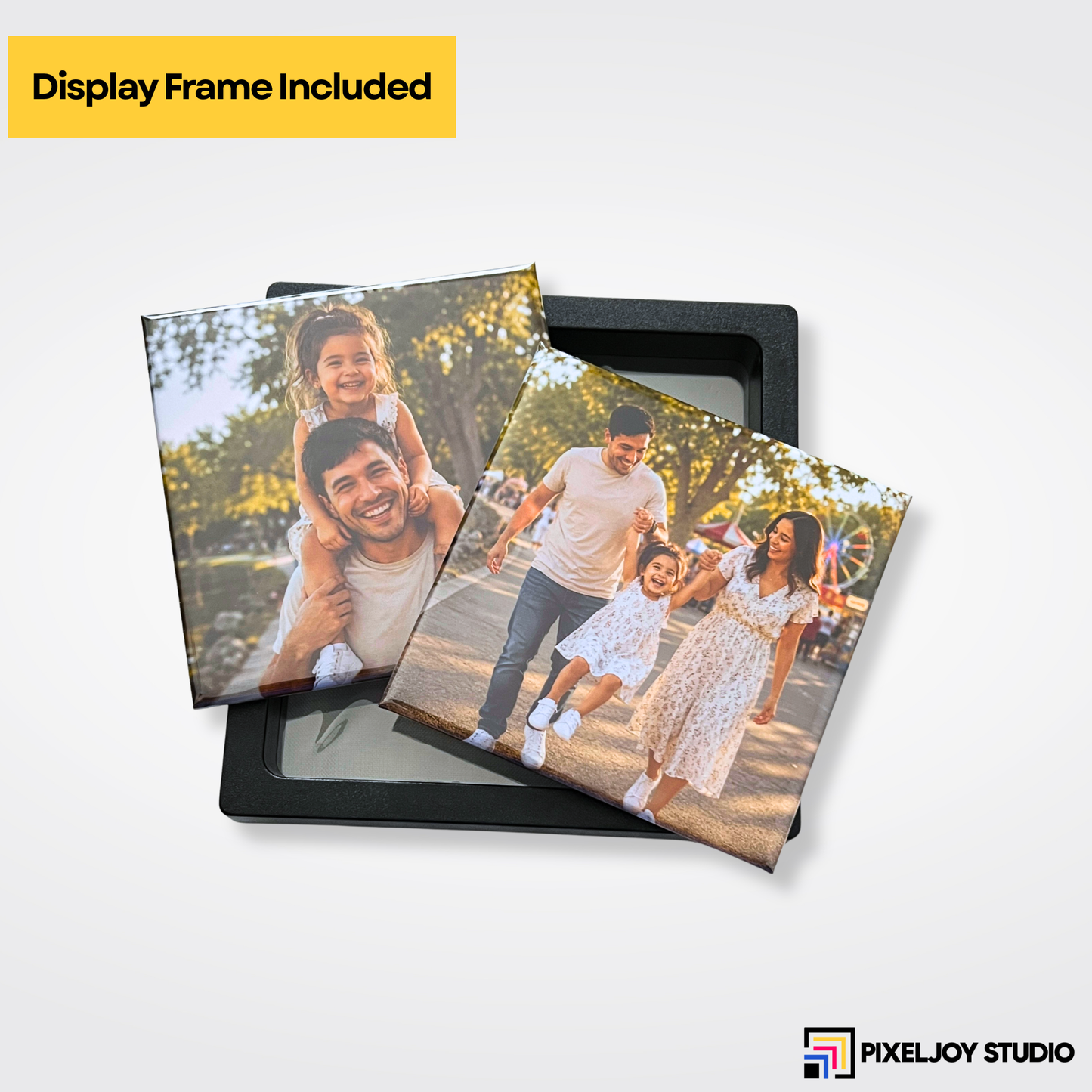 Two custom 3" square photo magnets displayed on top of the included floating display frame