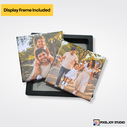 Two custom 3" square photo magnets displayed on top of the included floating display frame