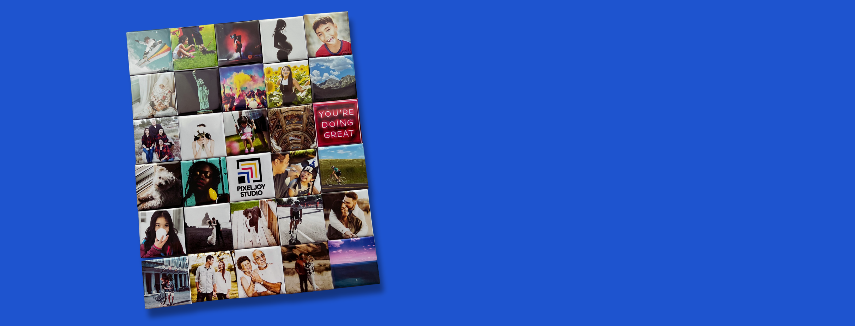 Collage of various images on a blue background