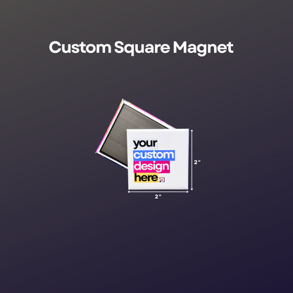 2-inch by 2-inch custom photo square magnet with sample design, magnetic backing, and size reference.